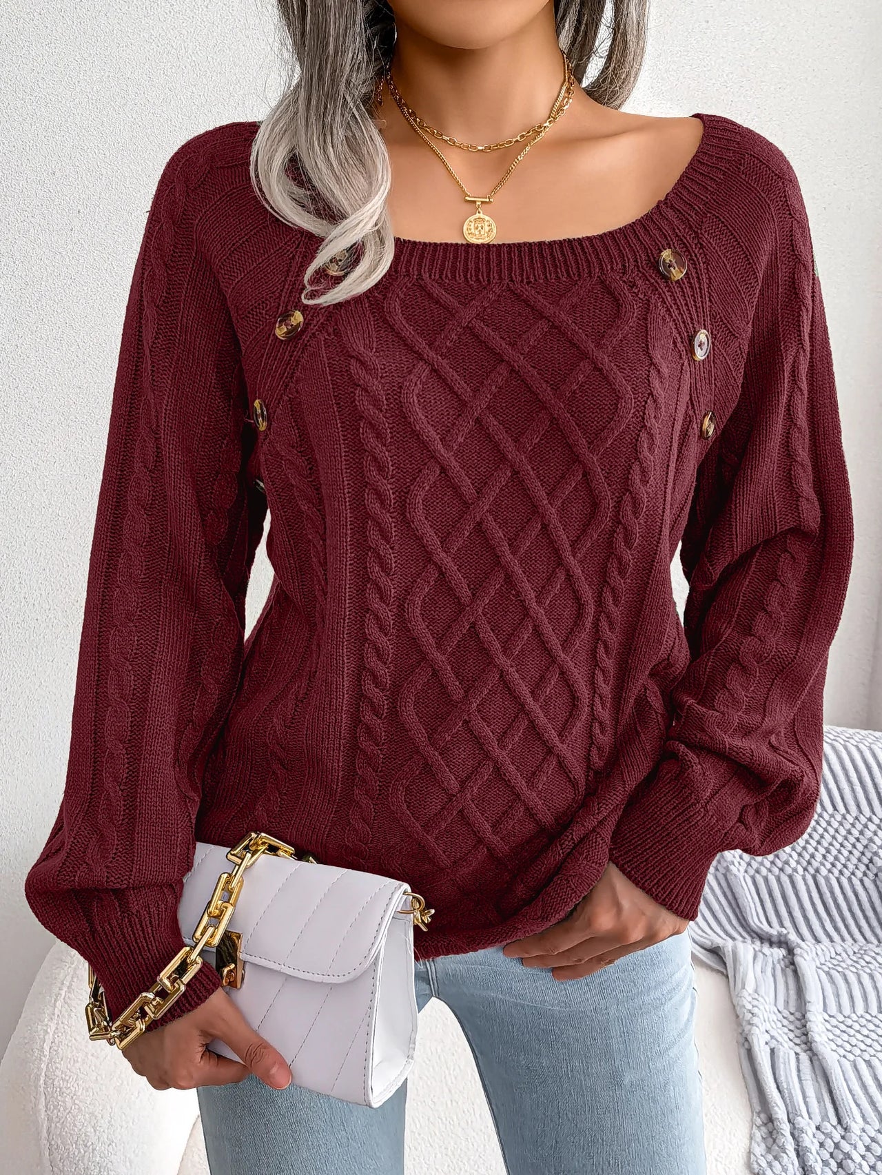 VelviKnit Women Casual Square Long Sleeve Knitted Sweaters Autumn/Winter