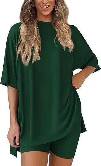 Cozy-Meadow - Loose Casual Round Neck Split Shorts Short Sleeve Home Lounge Wear Set