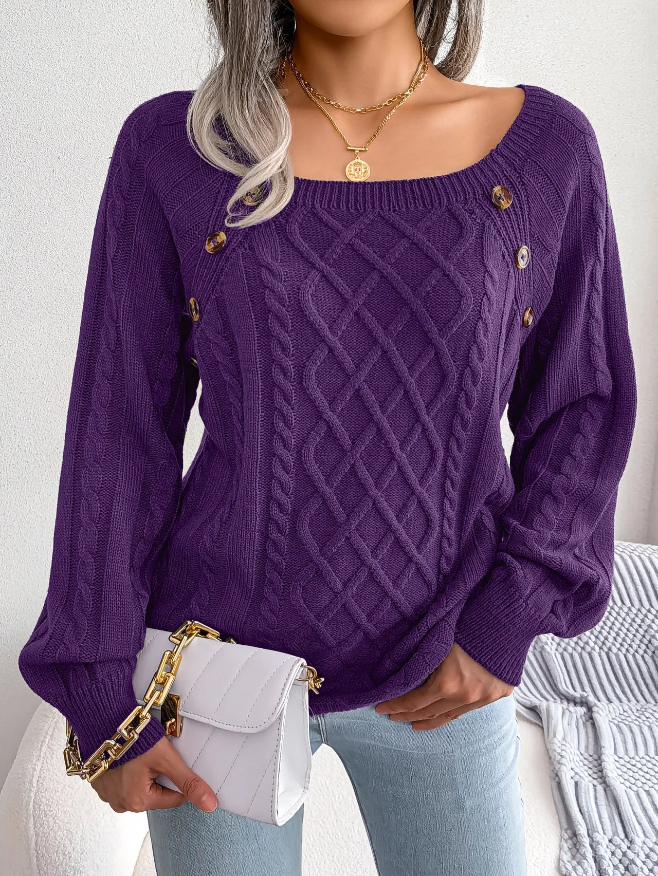 VelviKnit Women Casual Square Long Sleeve Knitted Sweaters Autumn/Winter