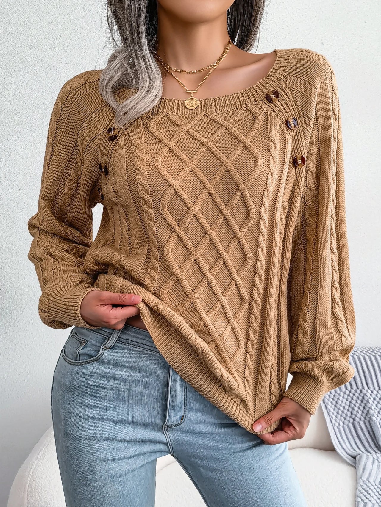 VelviKnit Women Casual Square Long Sleeve Knitted Sweaters Autumn/Winter