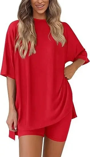 Cozy-Meadow - Loose Casual Round Neck Split Shorts Short Sleeve Home Lounge Wear Set