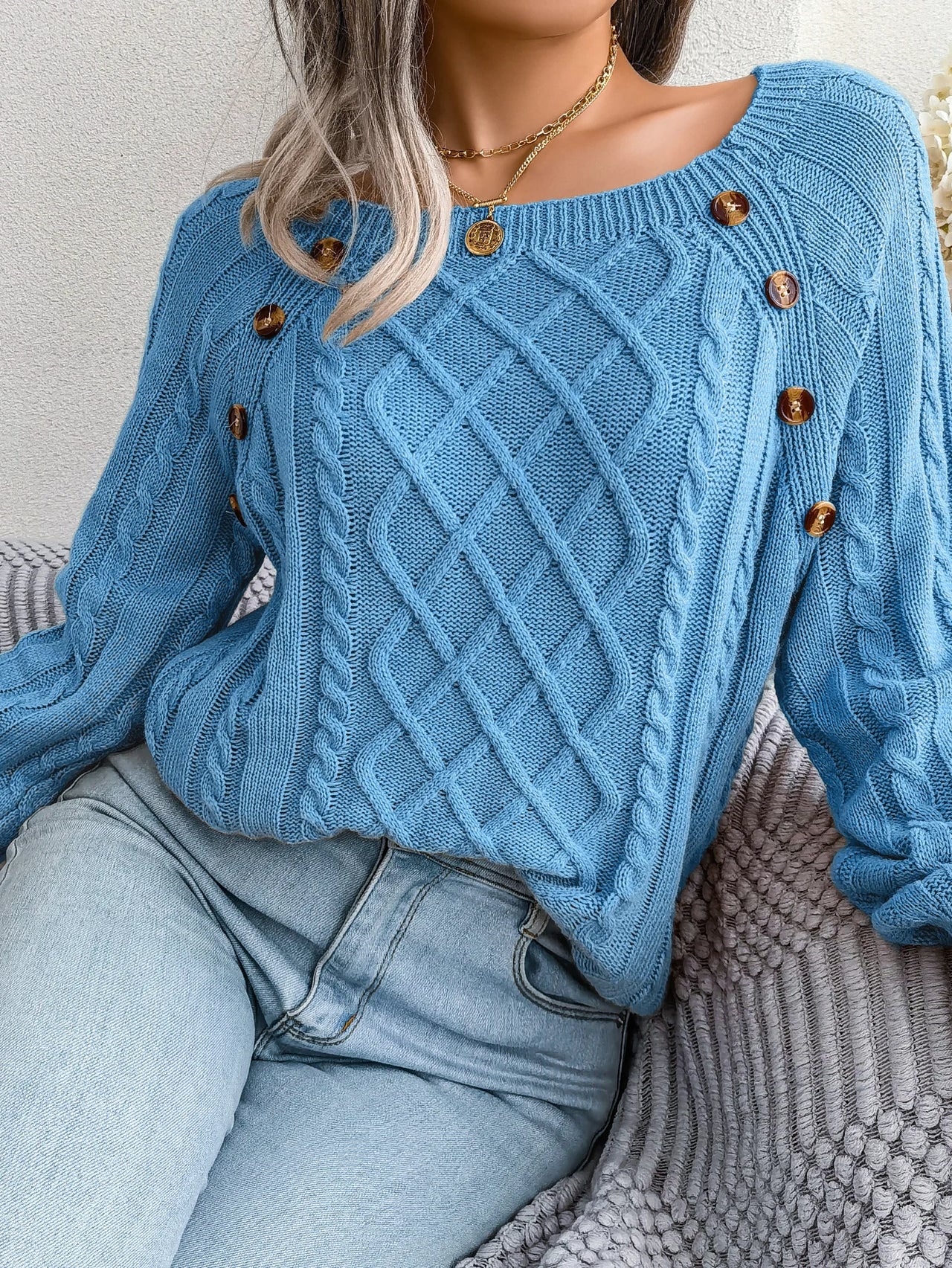 VelviKnit Women Casual Square Long Sleeve Knitted Sweaters Autumn/Winter