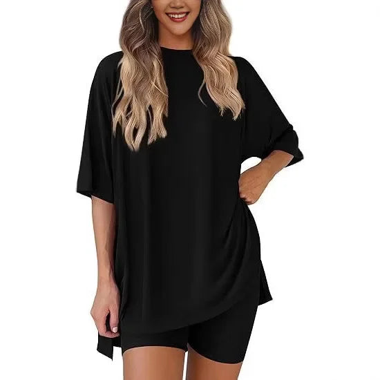 Cozy-Meadow - Loose Casual Round Neck Split Shorts Short Sleeve Home Lounge Wear Set