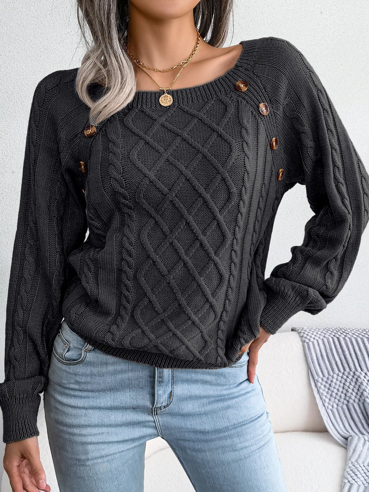 VelviKnit Women Casual Square Long Sleeve Knitted Sweaters Autumn/Winter