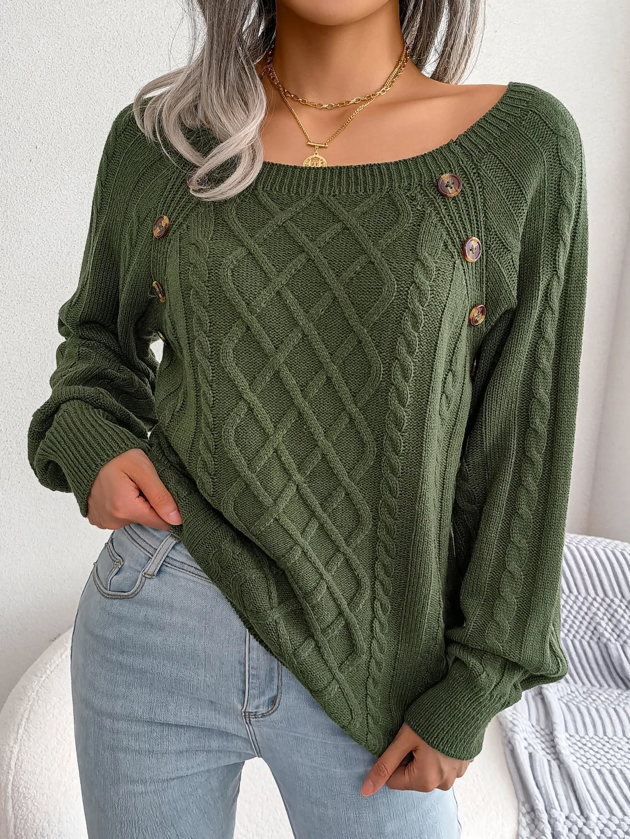 VelviKnit Women Casual Square Long Sleeve Knitted Sweaters Autumn/Winter