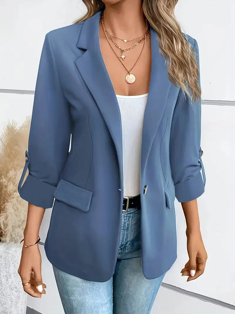 Velvexa Long Sleeve Women Suits Blazer - Solid Cardigan Loose Fit Turn Down Collar Pockets.