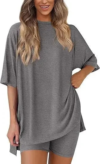 Cozy-Meadow - Loose Casual Round Neck Split Shorts Short Sleeve Home Lounge Wear Set