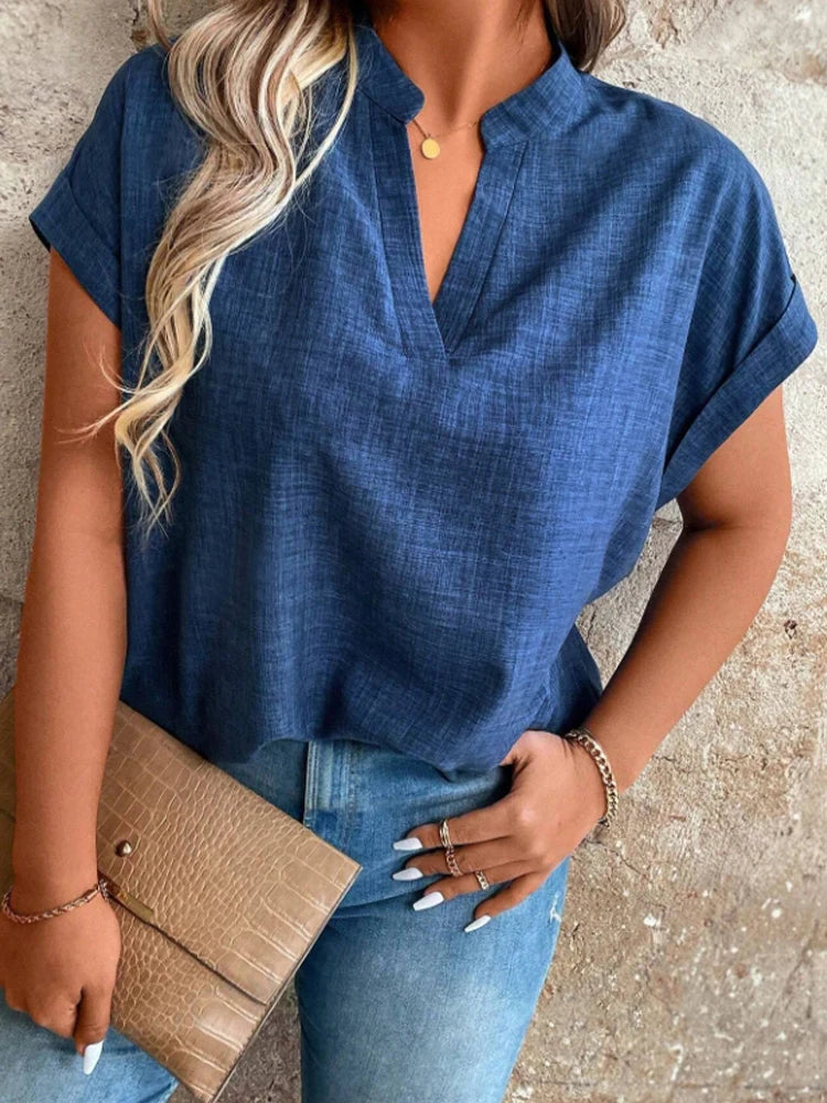Lunessa- Stylish and Elegant Women's Top with a Notched V-Neck and Batwing Sleeves