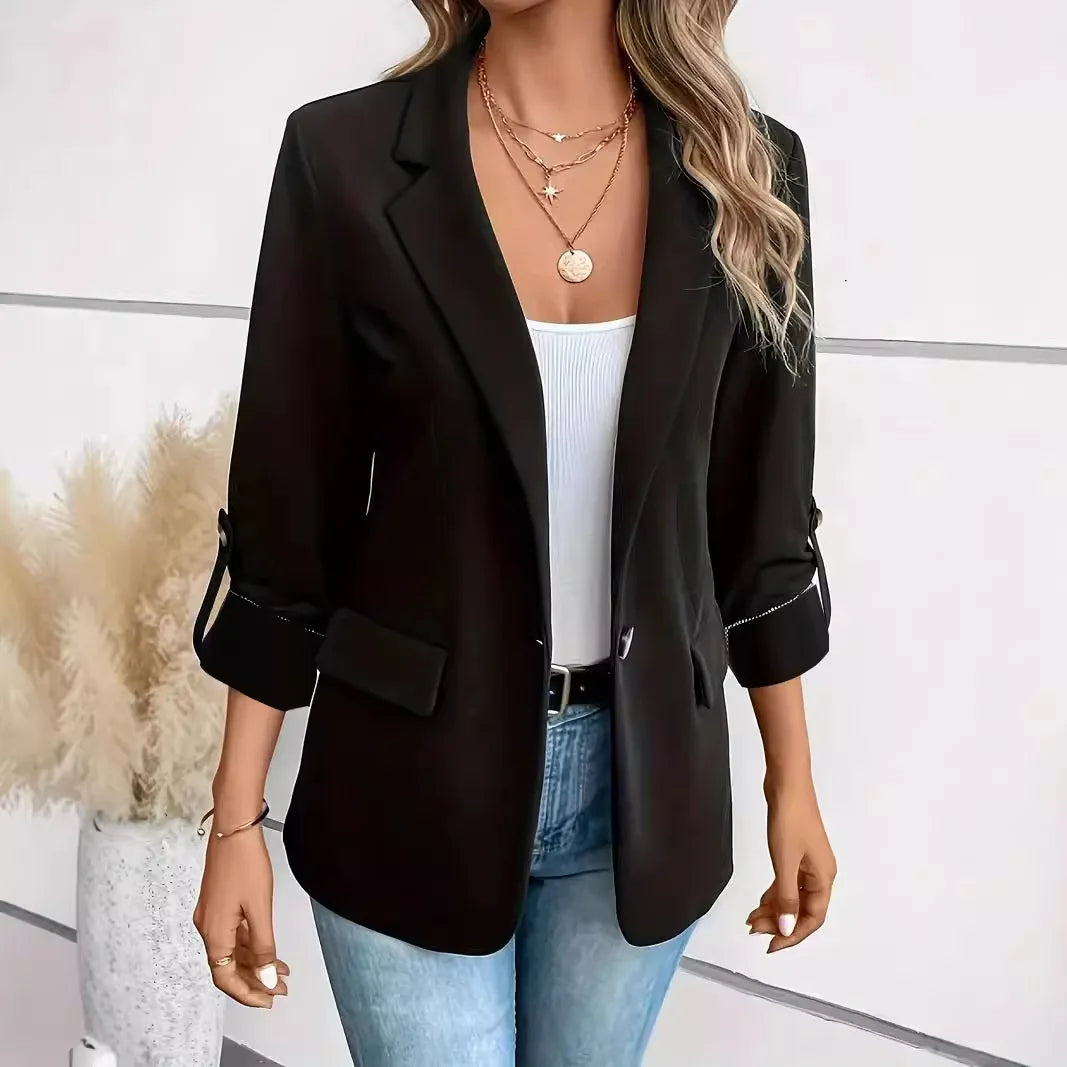 Velvexa Long Sleeve Women Suits Blazer - Solid Cardigan Loose Fit Turn Down Collar Pockets.