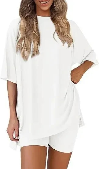 Cozy-Meadow - Loose Casual Round Neck Split Shorts Short Sleeve Home Lounge Wear Set