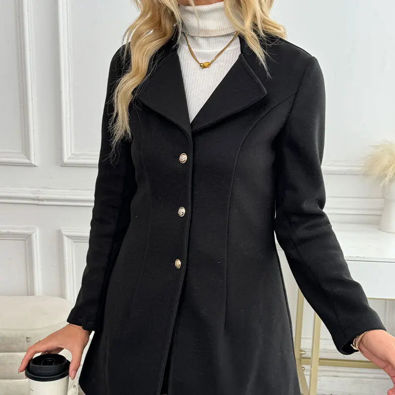Ebonza Fashion Black Slim Trench Women Coat - Suit Collar Button Elegant Lady Coat.
