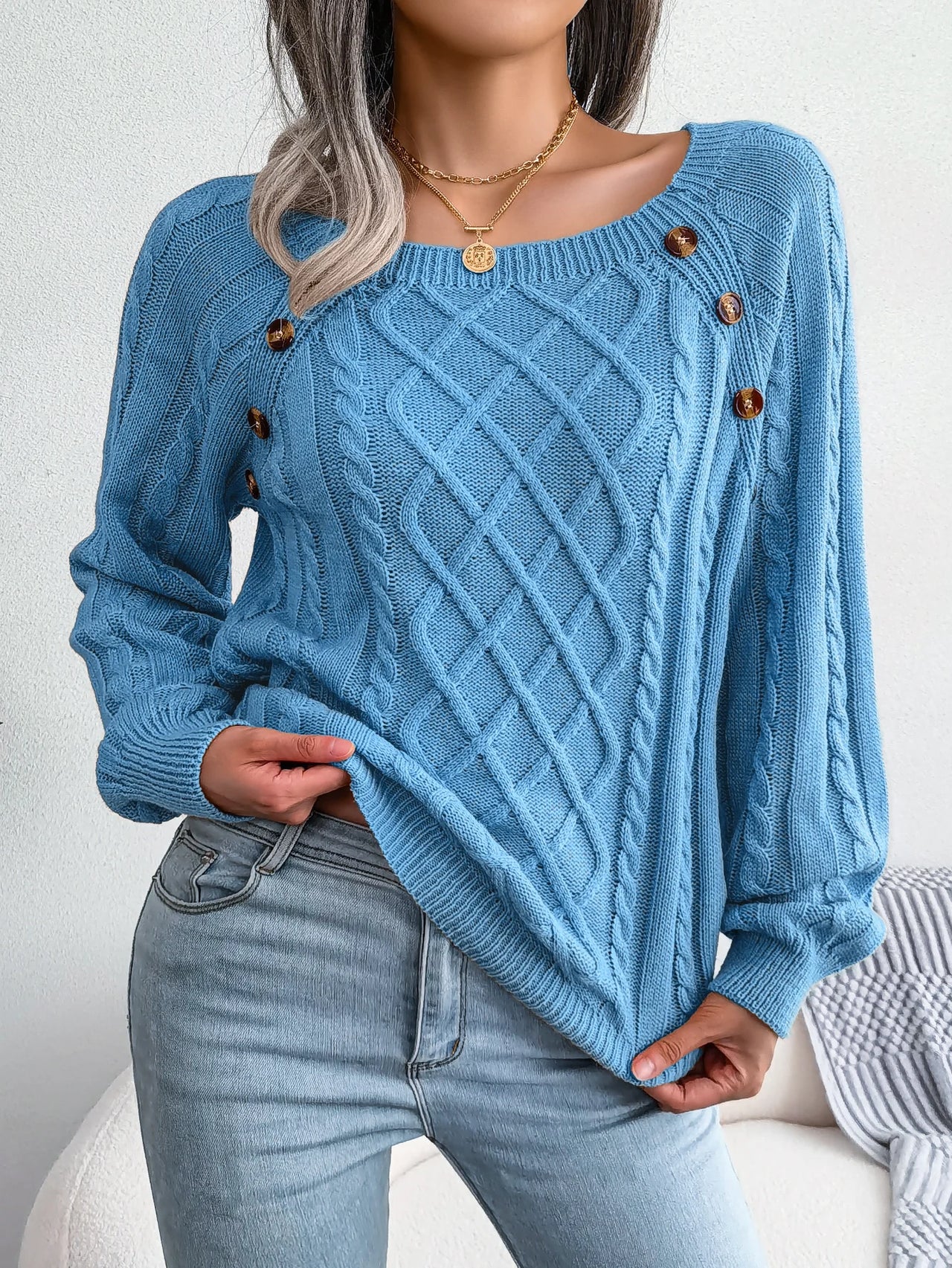 VelviKnit Women Casual Square Long Sleeve Knitted Sweaters Autumn/Winter