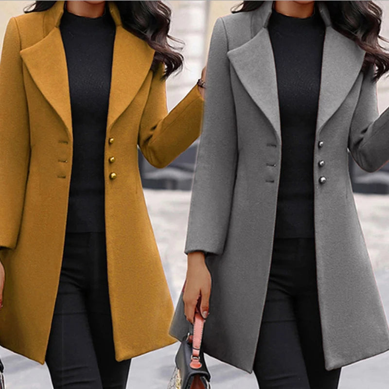 Veloura Women's Woolen Coat Stand Collar - Korean Style Thin Jacket Plus Size