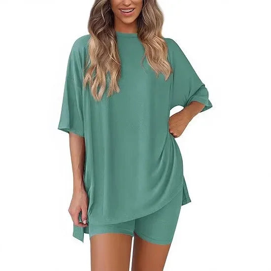 Cozy-Meadow - Loose Casual Round Neck Split Shorts Short Sleeve Home Lounge Wear Set