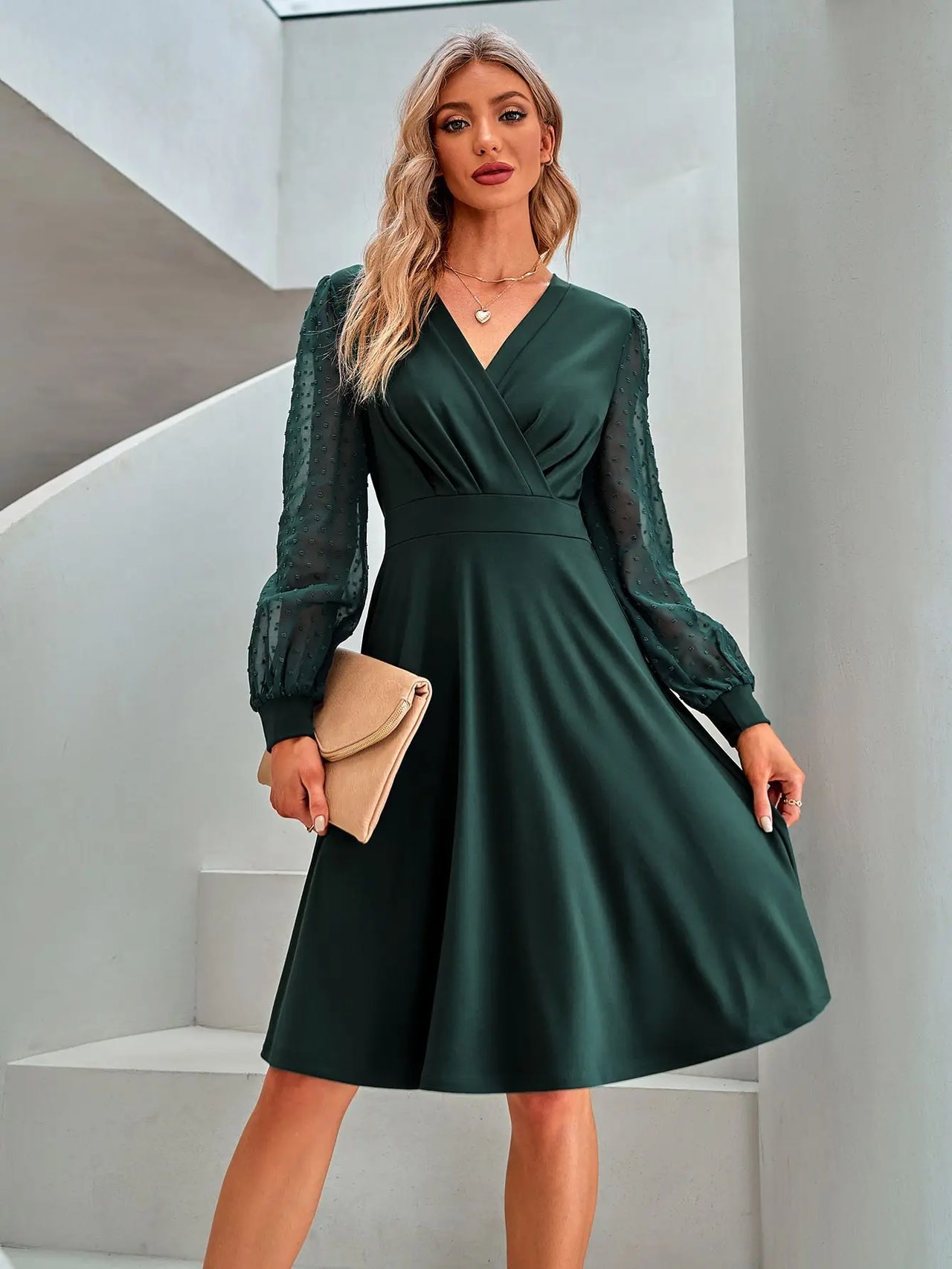 Silvara Elegant V-Neck Transparent Long Sleeve Mini Party Dress.