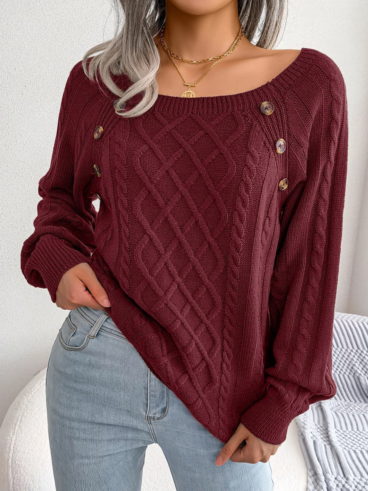 VelviKnit Women Casual Square Long Sleeve Knitted Sweaters Autumn/Winter