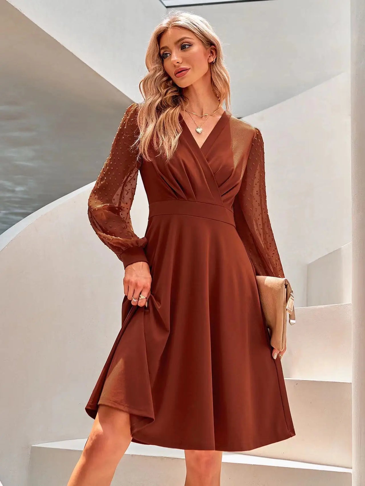 Silvara Elegant V-Neck Transparent Long Sleeve Mini Party Dress.
