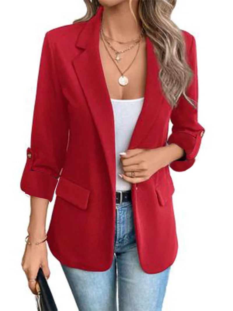 Velvexa Long Sleeve Women Suits Blazer - Solid Cardigan Loose Fit Turn Down Collar Pockets.
