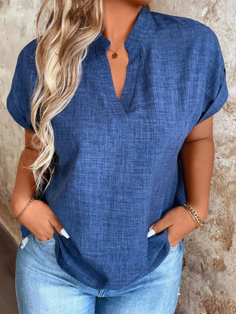Lunessa- Stylish and Elegant Women's Top with a Notched V-Neck and Batwing Sleeves