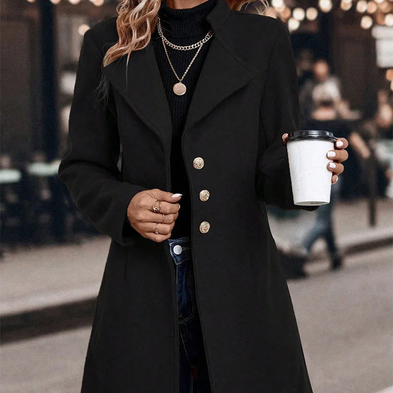 Ebonza Fashion Black Slim Trench Women Coat - Suit Collar Button Elegant Lady Coat.