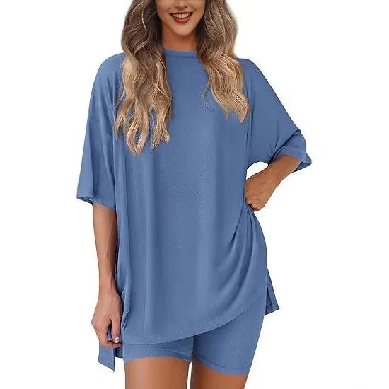 Cozy-Meadow - Loose Casual Round Neck Split Shorts Short Sleeve Home Lounge Wear Set