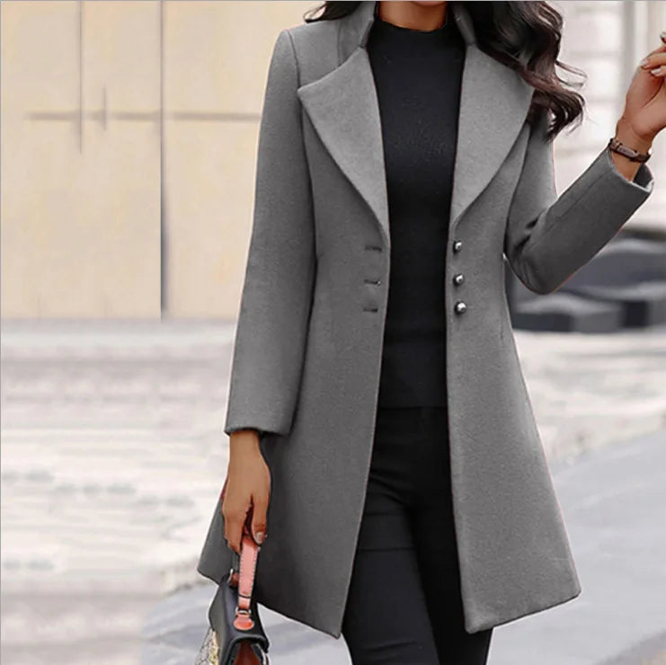 Veloura Women's Woolen Coat Stand Collar - Korean Style Thin Jacket Plus Size