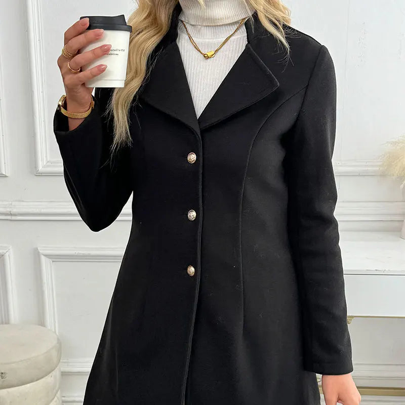 Ebonza Fashion Black Slim Trench Women Coat - Suit Collar Button Elegant Lady Coat.