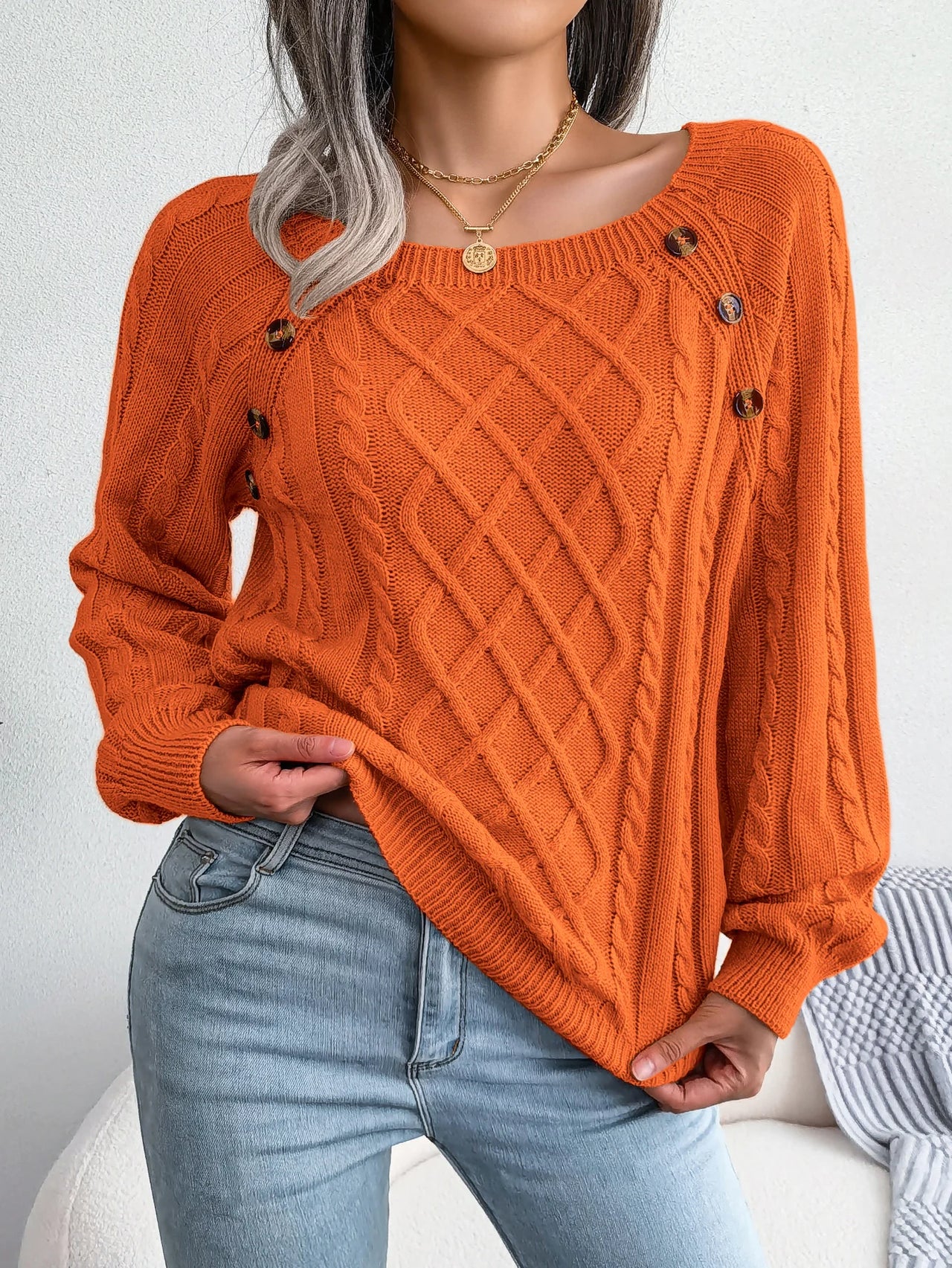 VelviKnit Women Casual Square Long Sleeve Knitted Sweaters Autumn/Winter