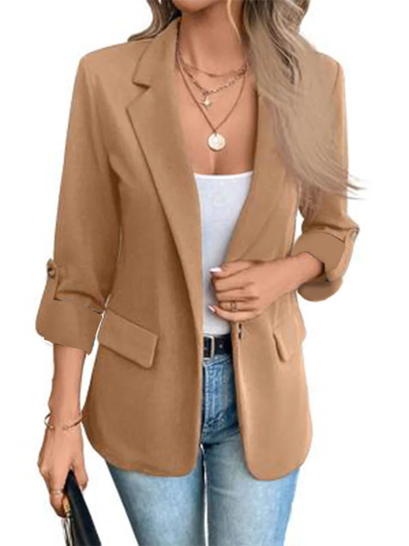 Velvexa Long Sleeve Women Suits Blazer - Solid Cardigan Loose Fit Turn Down Collar Pockets.