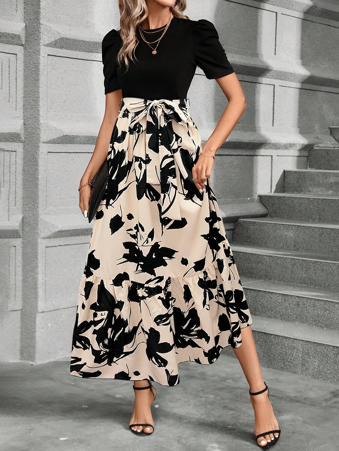 Print Midi Dress with Belt - Crew Neck, Short Sleeve, Non-Stretch Polyester - Perfect for All Seasons