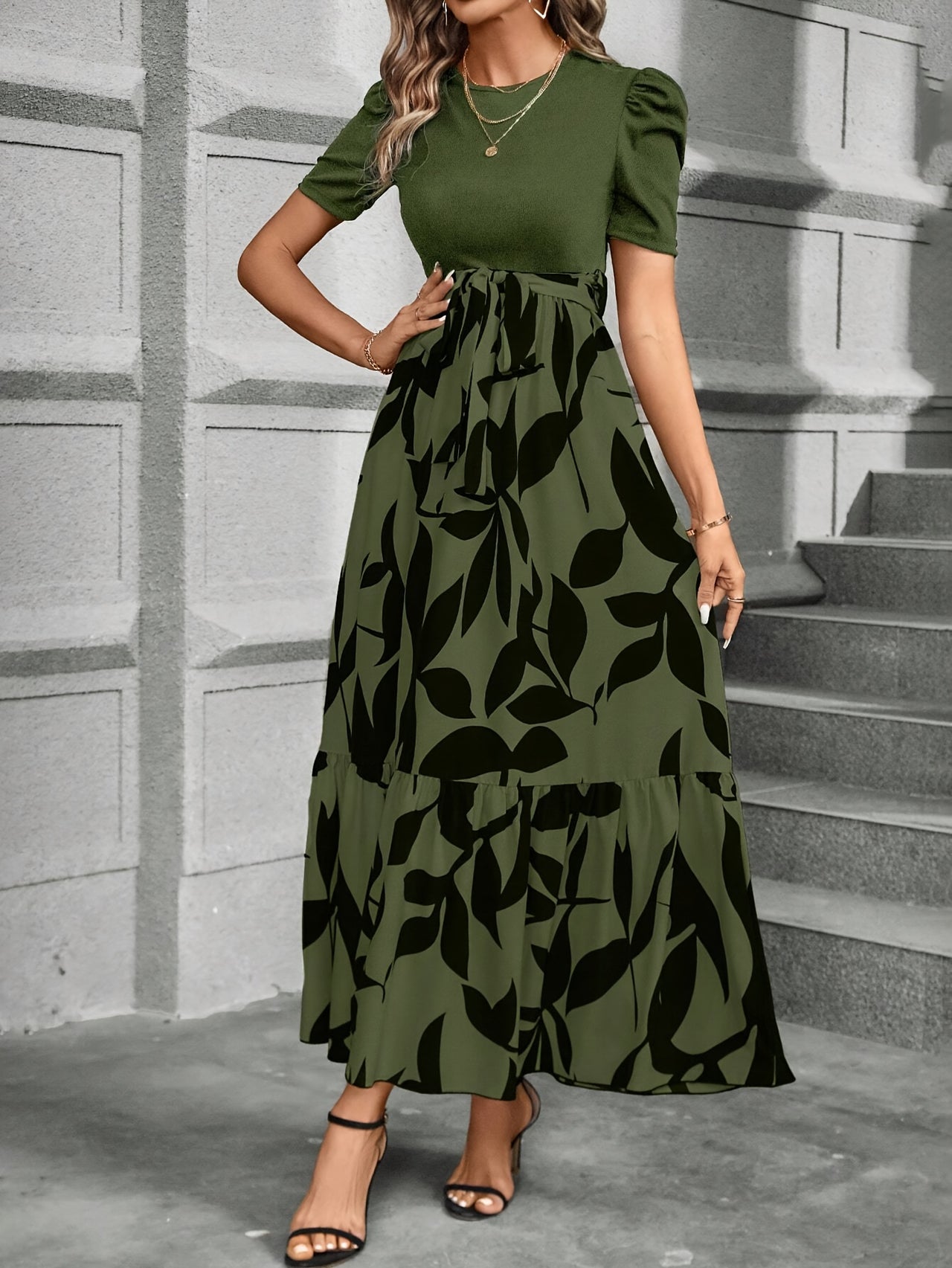 Print Midi Dress with Belt - Crew Neck, Short Sleeve, Non-Stretch Polyester - Perfect for All Seasons