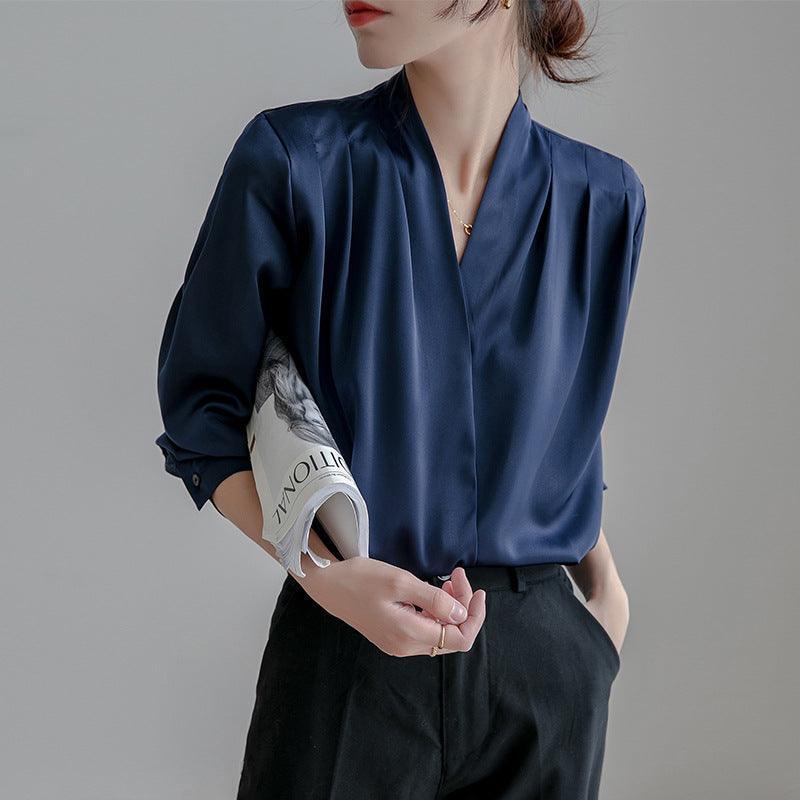 Veloir V-neck Satin Woven Blouse in French-Inspired Loose-Fit Design