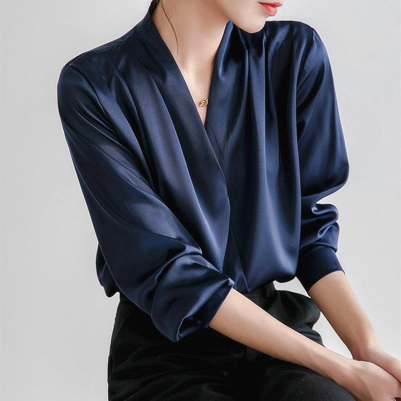 Veloir V-neck Satin Woven Blouse in French-Inspired Loose-Fit Design