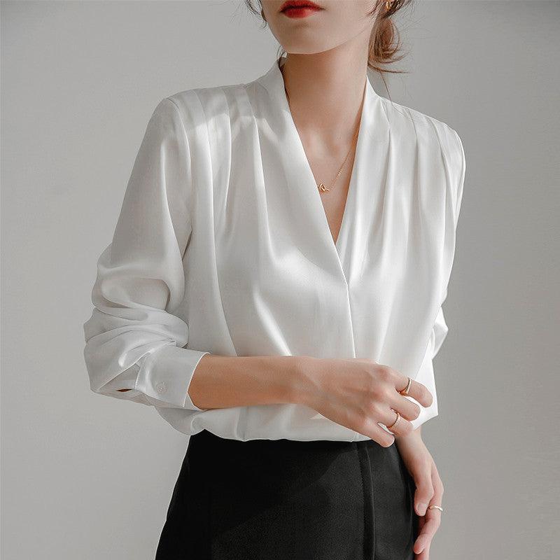 Veloir V-neck Satin Woven Blouse in French-Inspired Loose-Fit Design