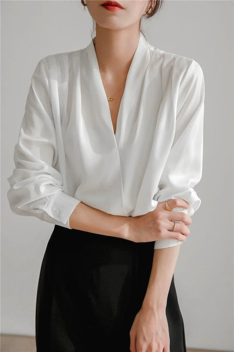 Veloir V-neck Satin Woven Blouse in French-Inspired Loose-Fit Design