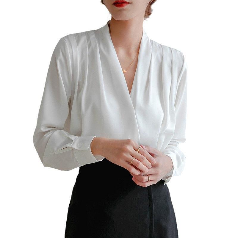 Veloir V-neck Satin Woven Blouse in French-Inspired Loose-Fit Design