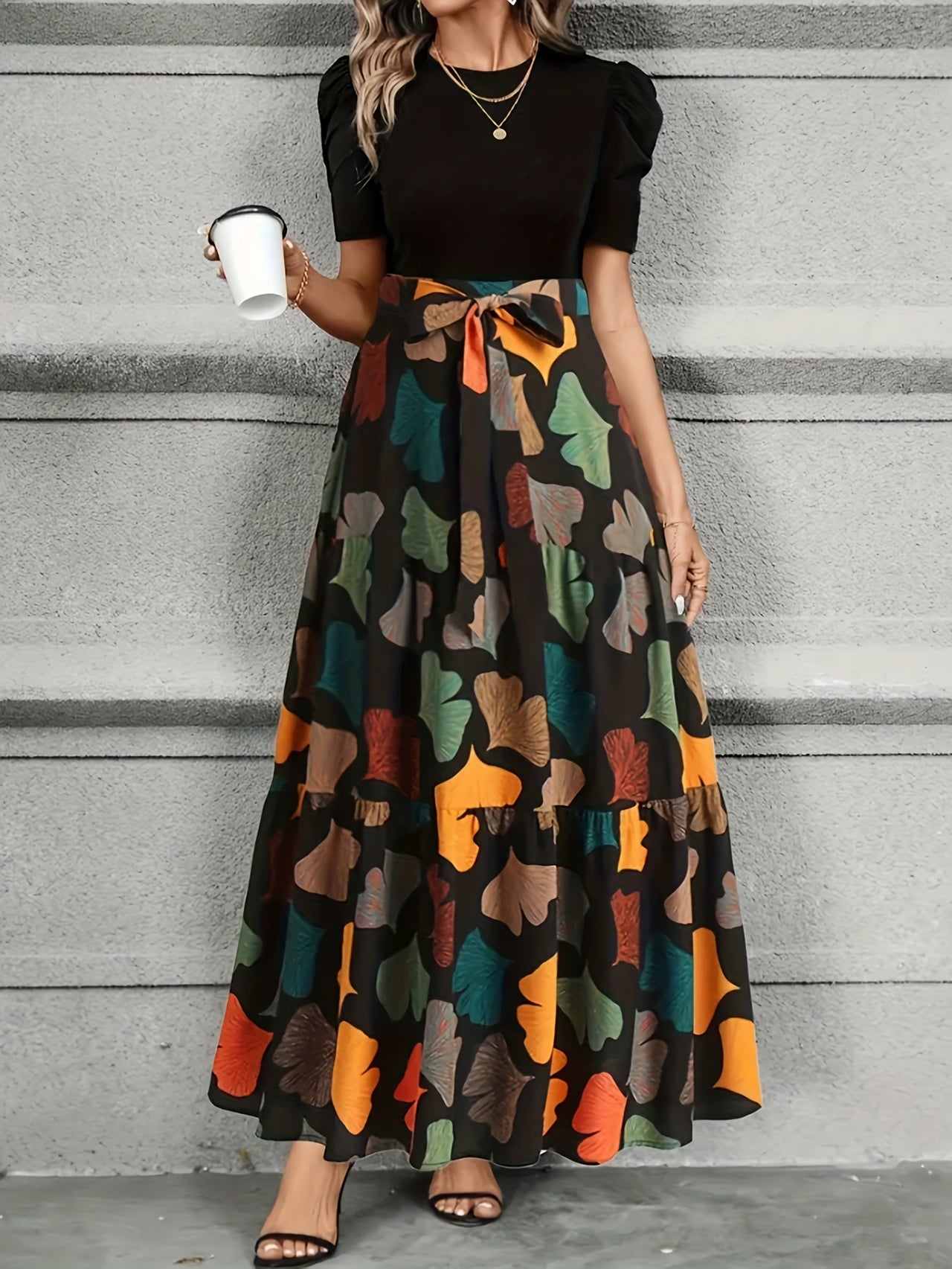 Women's Elegant A-Line Geometric Print Midi Dress with Puff Sleeves & Bow Detail - Spring Summer Casual to Semi-Formal Wear.