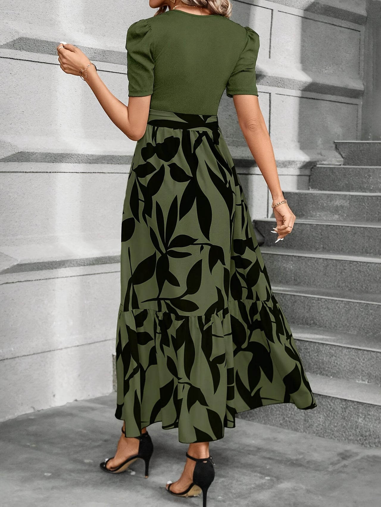 Print Midi Dress with Belt - Crew Neck, Short Sleeve, Non-Stretch Polyester - Perfect for All Seasons