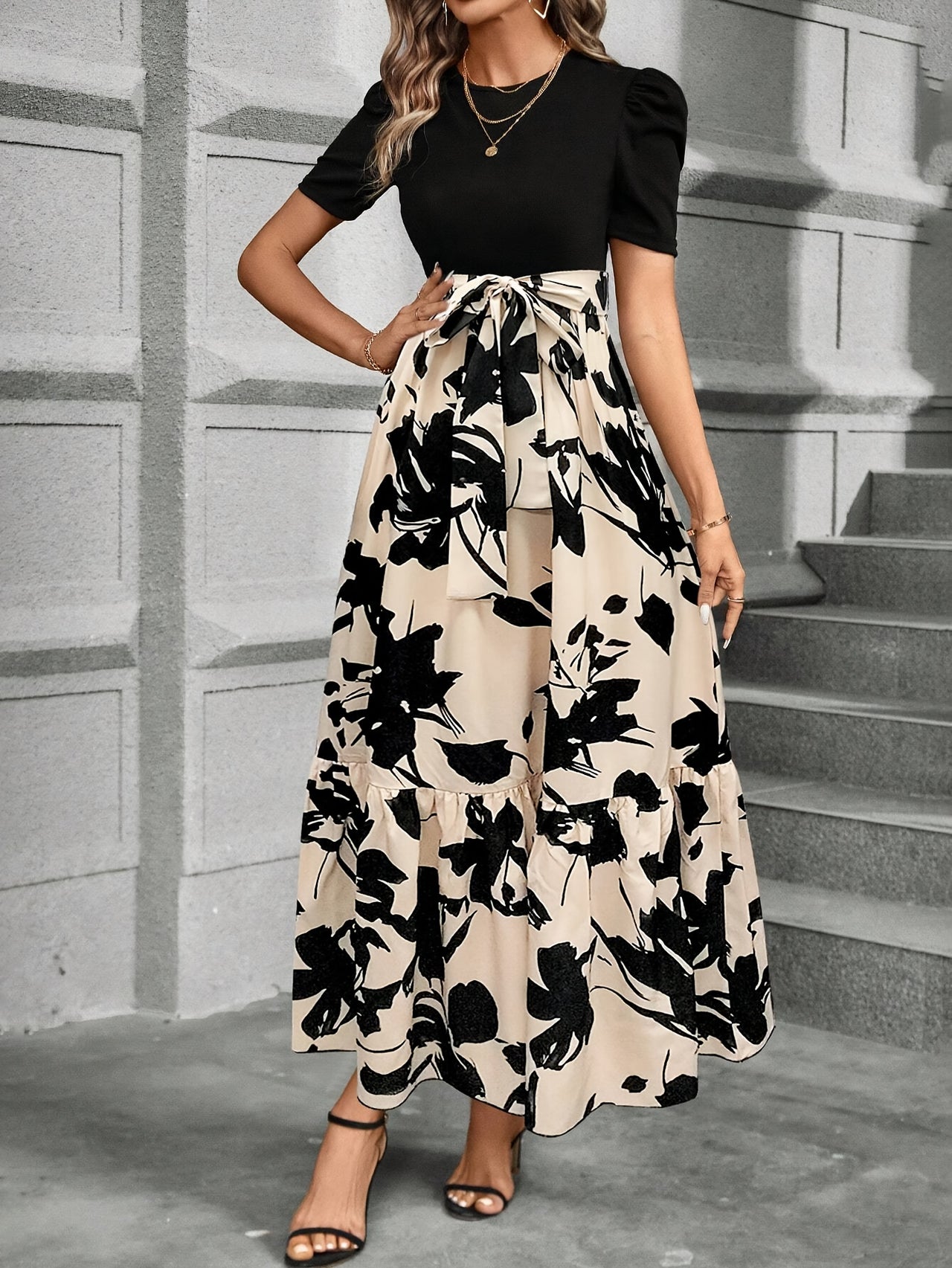Print Midi Dress with Belt - Crew Neck, Short Sleeve, Non-Stretch Polyester - Perfect for All Seasons