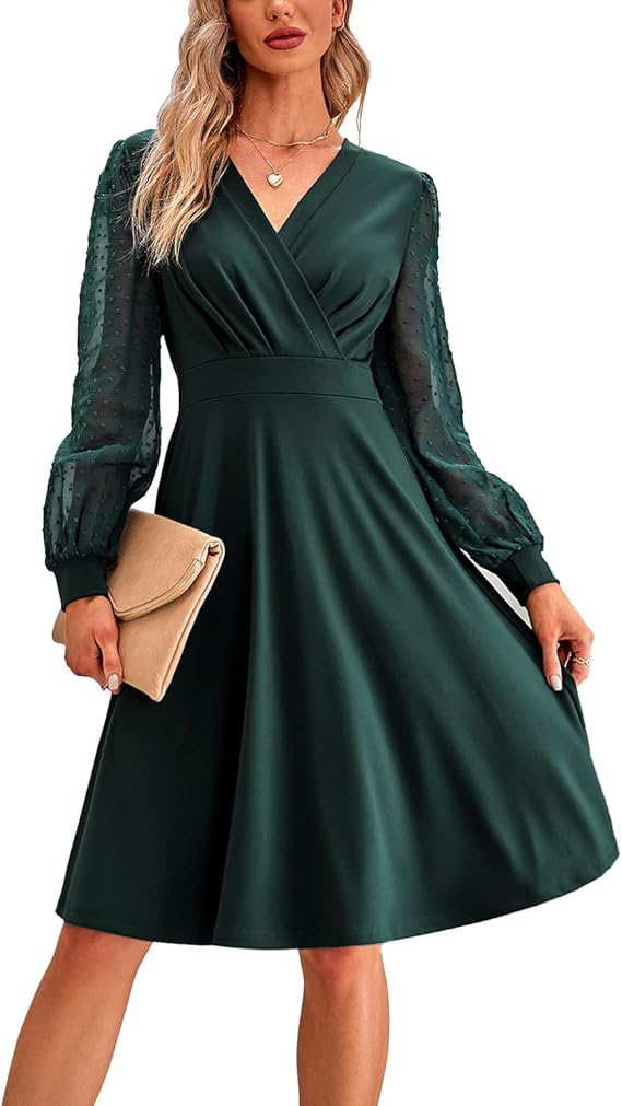 Silvara Elegant V-Neck Transparent Long Sleeve Mini Party Dress.