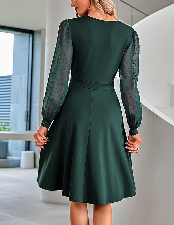 Silvara Elegant V-Neck Transparent Long Sleeve Mini Party Dress.