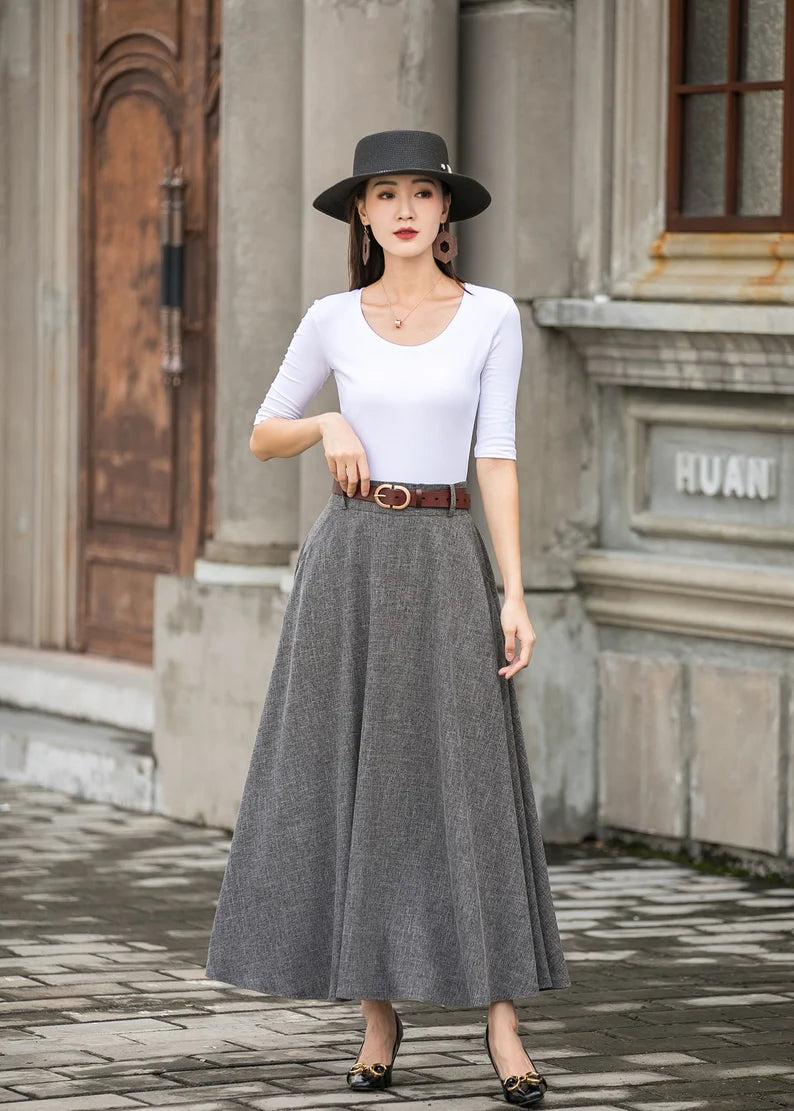 Caeloria - Womens Long maxi Navy Blue Semi-formal skirt with pockets.