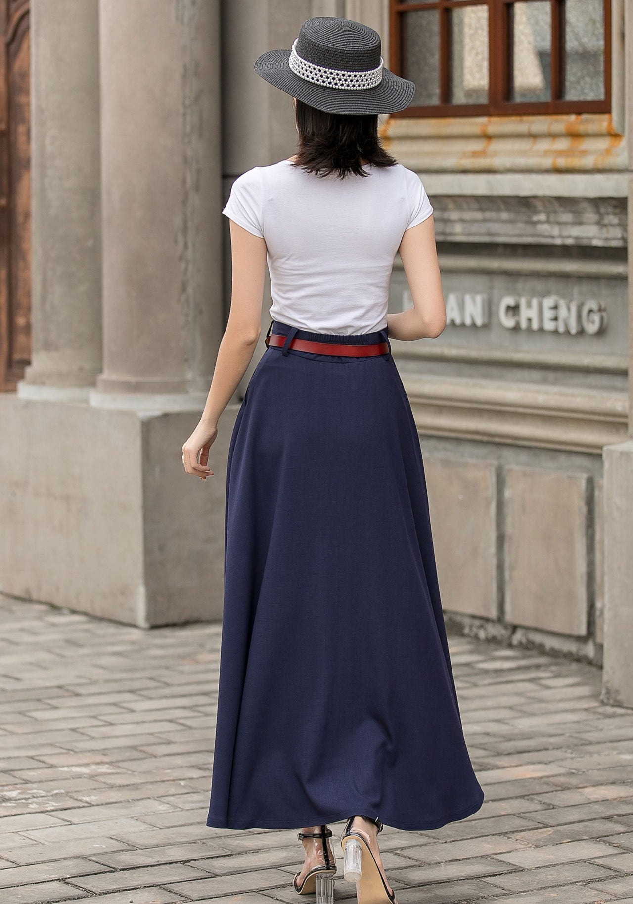 Caeloria - Womens Long maxi Navy Blue Semi-formal skirt with pockets.