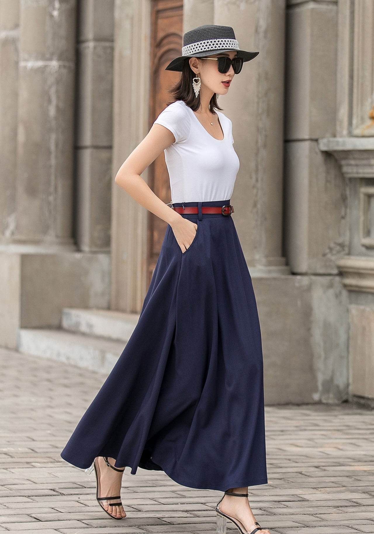 Caeloria - Womens Long maxi Navy Blue Semi-formal skirt with pockets.