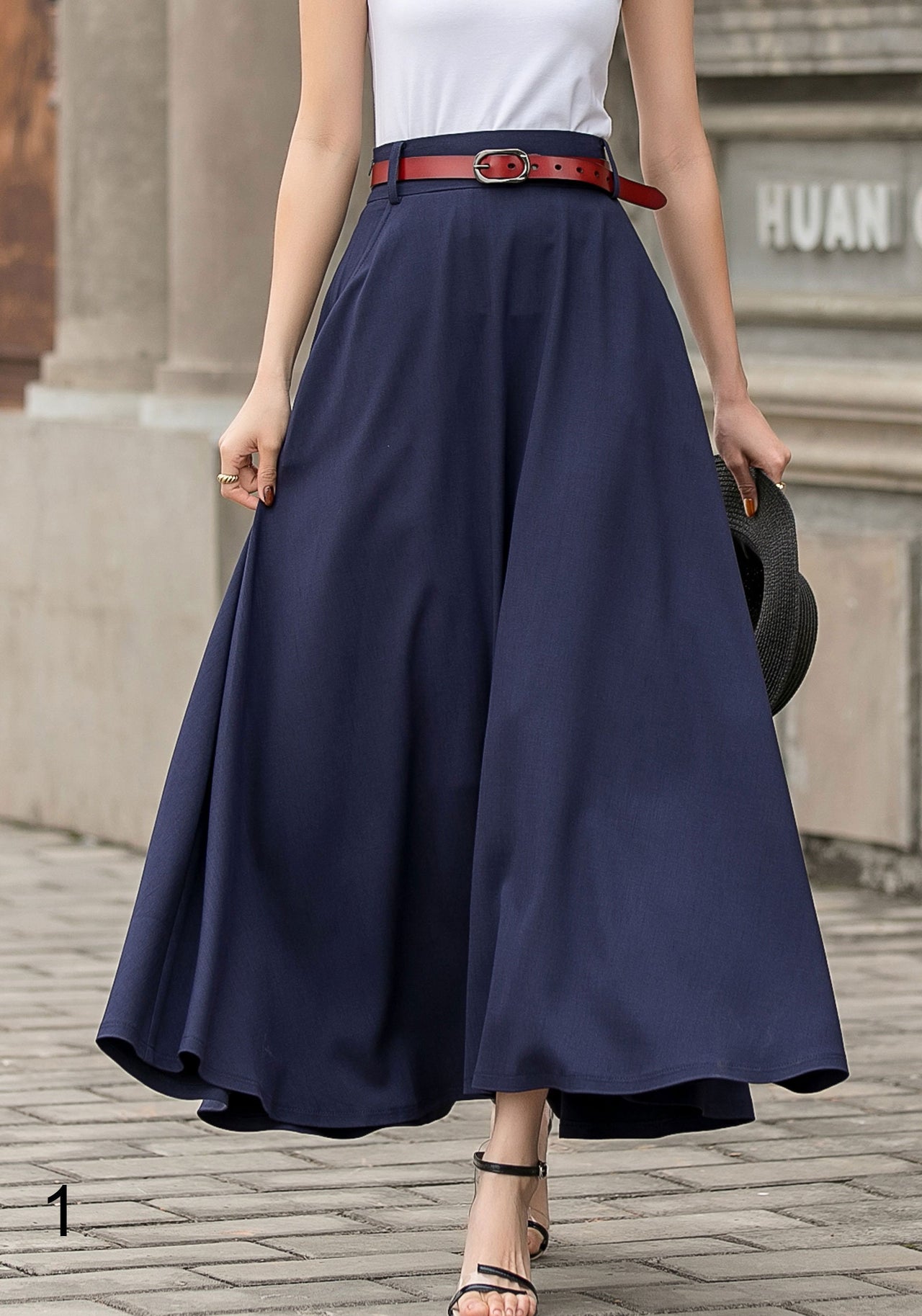 Caeloria - Womens Long maxi Navy Blue Semi-formal skirt with pockets.
