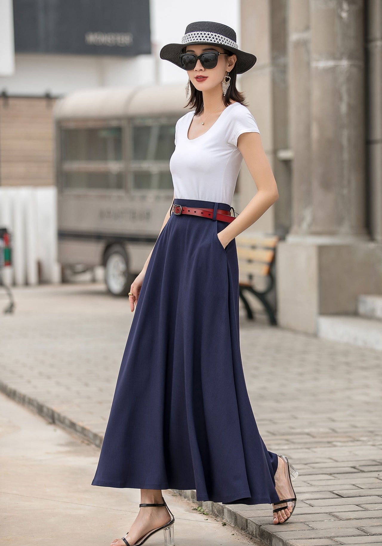Caeloria - Womens Long maxi Navy Blue Semi-formal skirt with pockets.