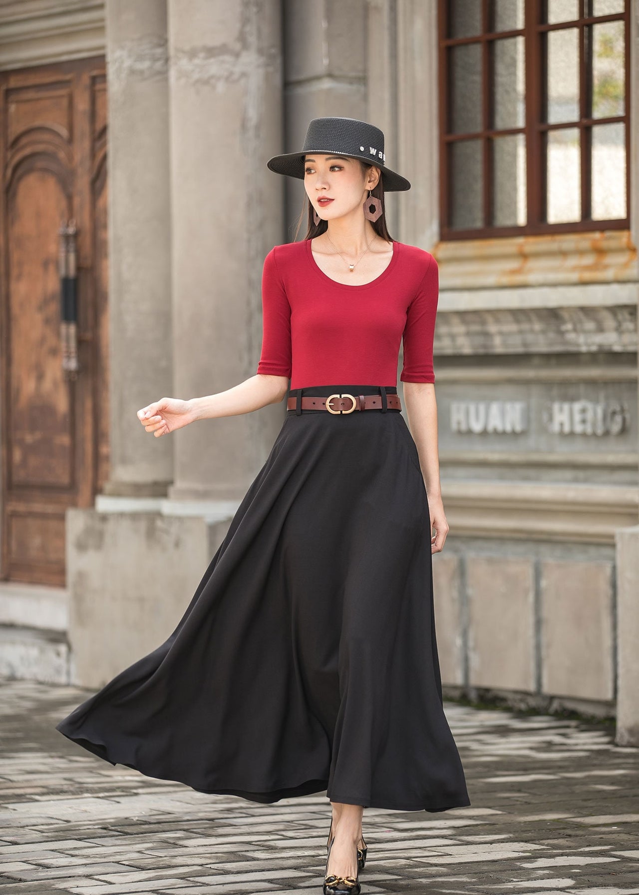 Caeloria - Womens Long maxi Navy Blue Semi-formal skirt with pockets.
