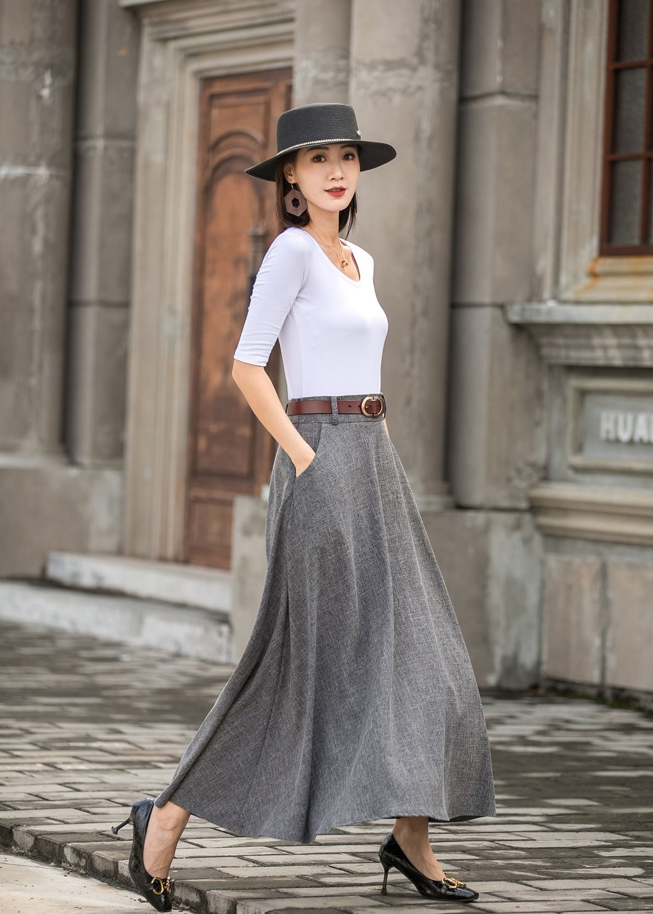 Caeloria - Womens Long maxi Navy Blue Semi-formal skirt with pockets.
