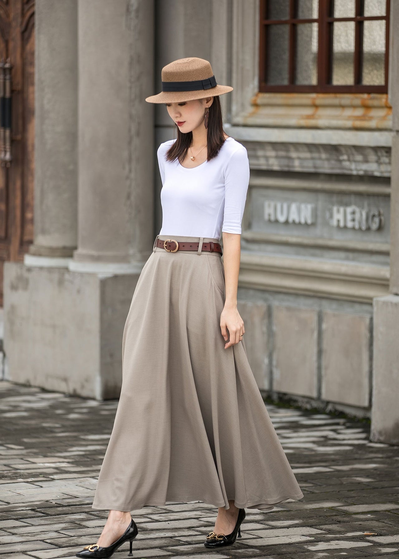 Caeloria - Womens Long maxi Navy Blue Semi-formal skirt with pockets.