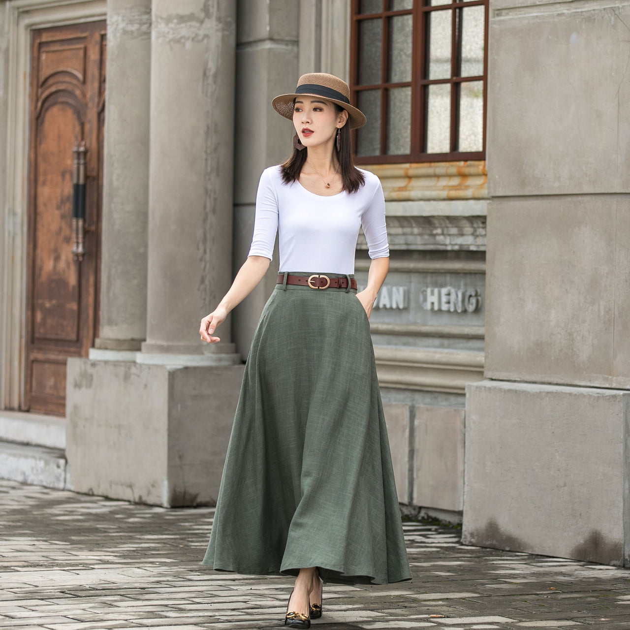 Caeloria - Womens Long maxi Navy Blue Semi-formal skirt with pockets.
